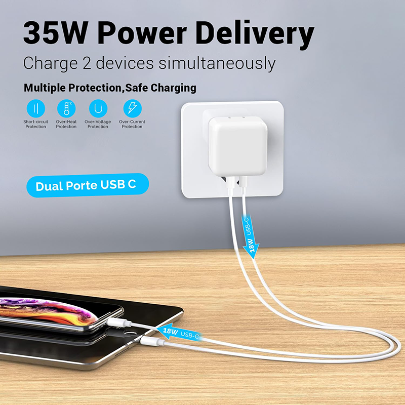 Charger adapter 35W Dual USB-C+C Port for Apple and Samsung Phones, Fast Charging