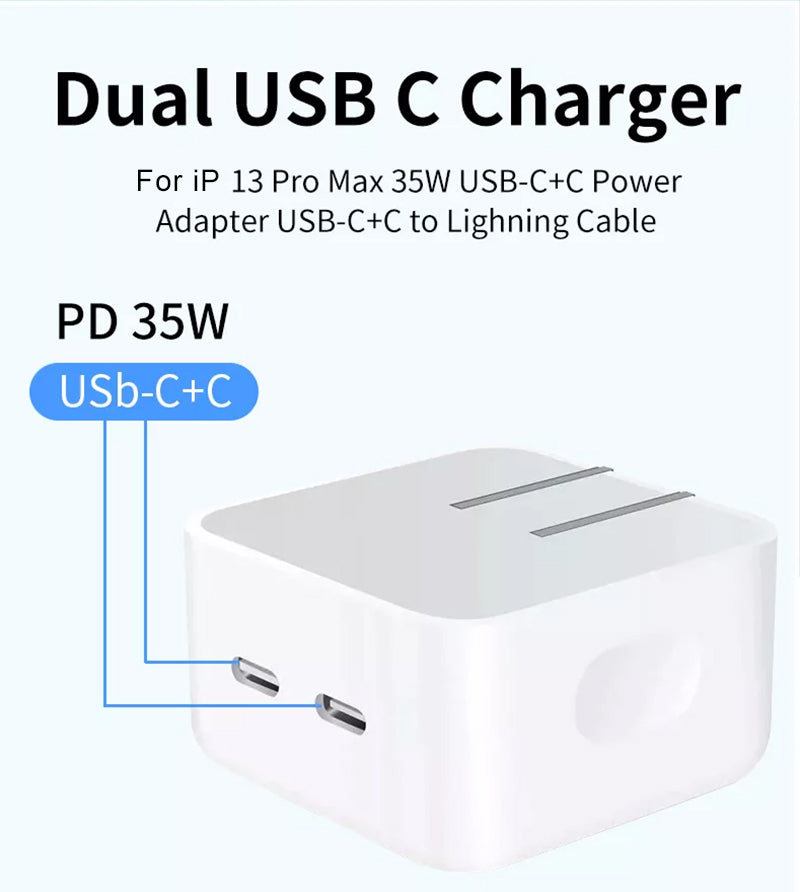 Charger adapter 35W Dual USB-C+C Port for Apple and Samsung Phones, Fast Charging